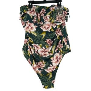 Kona Sol Women Plus SizeBandeau Flounce Floral Print One Piece Swimsuit Sz 16W